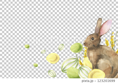 Easter bunny with colorful eggs watercolor banner. Hand drawn spring frame with hear decorated with flowers and egg for festive invitation, poster, product packing design 123201699