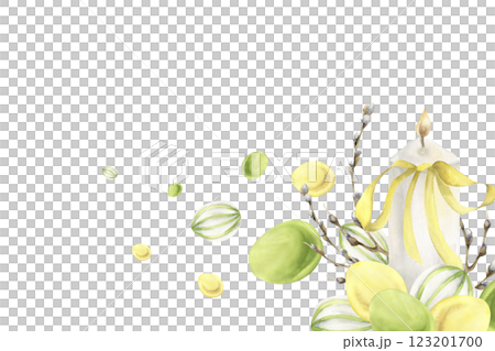 White wax candle decorated with yellow bow and colorful eggs watercolor frame. Hand drawn banner with copy space for home poster, label, logo, spring festive greeting card design White wax candle decorated with yellow bow and colorful eggs watercolor frame. Hand drawn banner with copy space for home poster, label, logo, spring festive greeting card design 123201700
