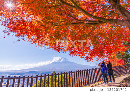 【山梨県】紅葉が美しい新倉山浅間公園から見る新雪富士 123201742