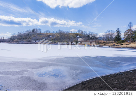 氷に覆われた冬の志高湖 123201918
