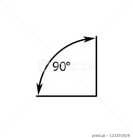 90 degrees angle vector icon. Right angle symbol with arrow. Isolated illustration on white background.  123201929