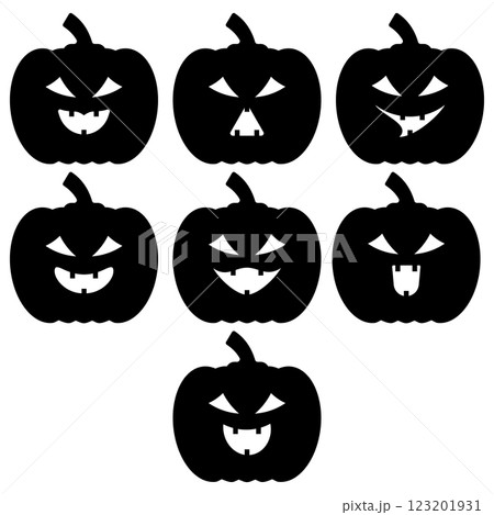 Cartoon halloween pumpkin vector icon with scary face. Black and white set icons. 123201931