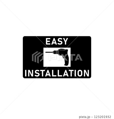 Easy simple installation icon with power drill symbol. Isolated vector illustration and sign. Design template for website elements, sticker, tag and other use. Black silhouette. 123201932