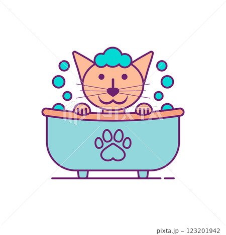 The cat having bath. The cat is washing in the bathtub. Outline and line style. Isolated colored vector illustration on white background. The cat having bath. The cat is washing in the bathtub. Outline and line style. Isolated colored vector illustration on white background. 123201942