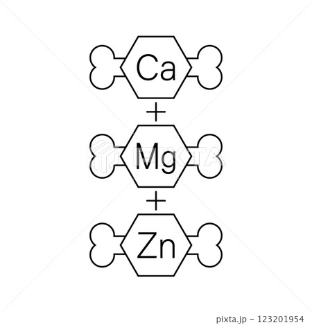 Calcium, magnesium and zinc vitamins for bones. Ca, Mg, Zn set. Vector clipart and drawing. Isolated illustration on white background. 123201954