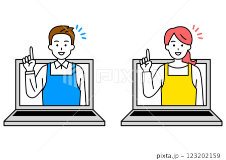 オンラインでアドバイスをするエプロン姿の男女　セット 123202159