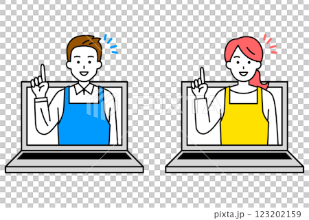 オンラインでアドバイスをするエプロン姿の男女　セット 123202159