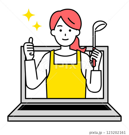 オンラインで料理を教えるエプロン姿の女性 オンラインで料理を教えるエプロン姿の女性 123202161
