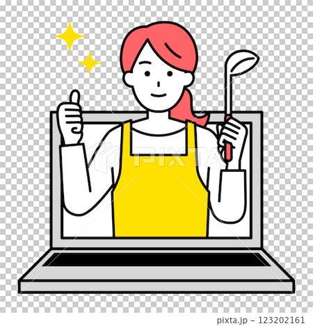 オンラインで料理を教えるエプロン姿の女性 オンラインで料理を教えるエプロン姿の女性 123202161