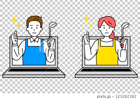 Set of men and women in aprons teaching cooking online 123202162