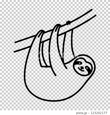 木にぶら下がっているナマケモノのラフな手描き線画イラスト　透過背景の切り抜き 123202177