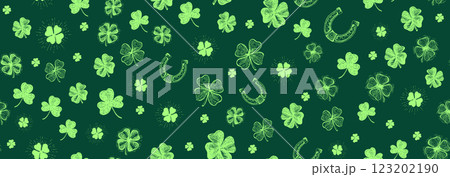 St. Patricks Day, clover pattern on green. Hand drawn illustrations	 123202190