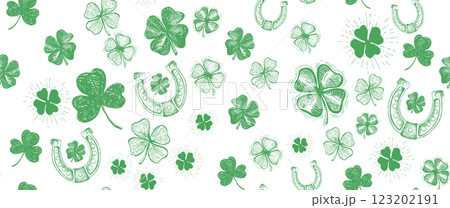 St. Patricks Day, clover pattern on white. Hand drawn illustrations	 123202191