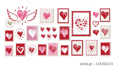 Postcard, stamps, mail with Heart hand drawn. Valentines day.	 123202215
