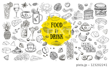 Vector set with food and drink hand drawn Vector set with food and drink hand drawn 123202241