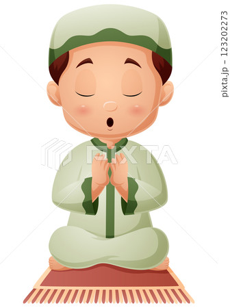 Cartoon muslim boy praying on the prayer rug 123202273