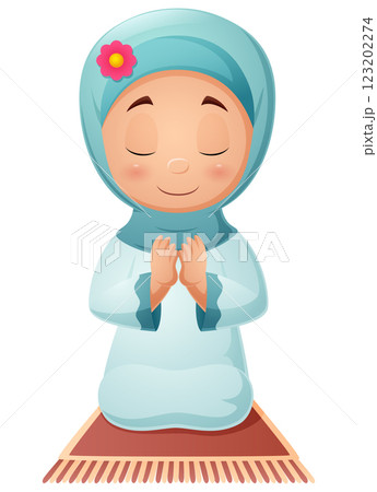 Cartoon muslim girl praying on the prayer rug Cartoon muslim girl praying on the prayer rug 123202274