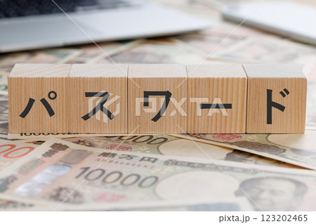 お金の上にパスワードと書かれたブロック 123202465