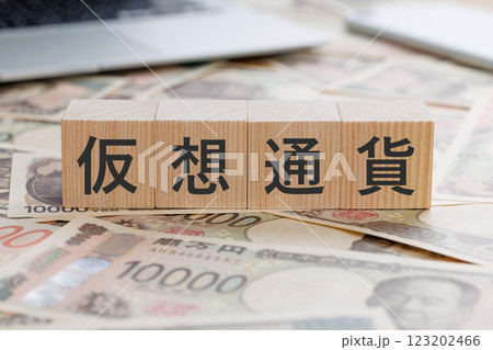 お金の上に仮想通貨と書かれたブロック 123202466