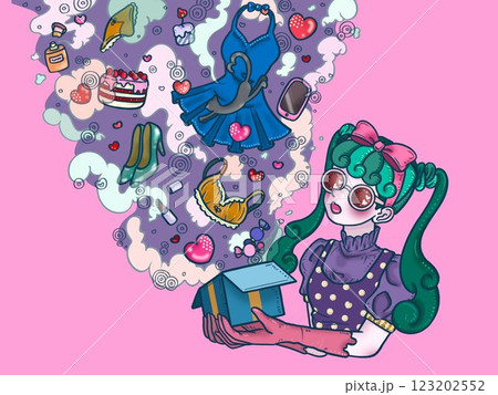 欲しい物がたくさんある女の子 ピンク背景 紫もくもく 欲しい物がたくさんある女の子 ピンク背景 紫もくもく 123202552