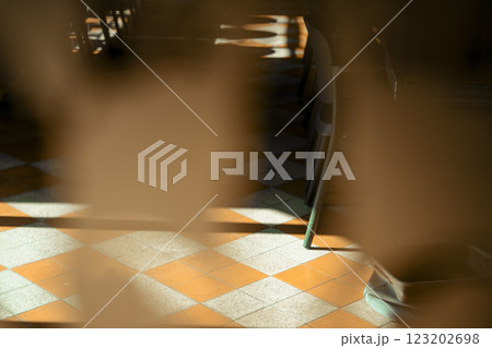 光と影が描く幻想的なチェッカーフロアの模様 123202698