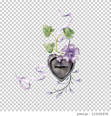 Watercolor composition with vintage heart-shaped lock, ivy leaves, Watercolor composition with vintage heart-shaped lock, ivy leaves, 123202876