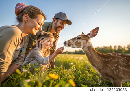happy family with deer in the meadow 123203088