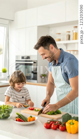 happy father cutting vegetables for a little son 123203090