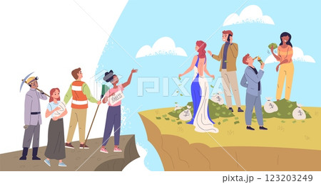 Social gap. Society inequality, capitalism problem different classes financial income poor and rich people crack between poverty or wealthy elite, classy vector illustration Social gap. Society inequality, capitalism problem different classes financial income poor and rich people crack between poverty or wealthy elite, classy vector illustration 123203249