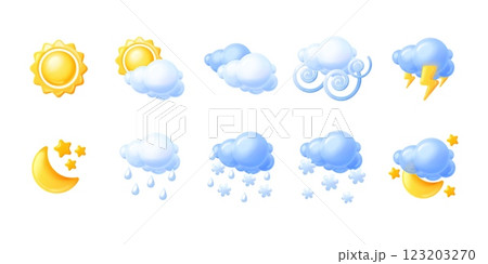 Render weather icons. Render realistic season climate forecast creative icon, sun moon rain wind storm cloud with rainy drop snow snowflake or thunder, exact vector illustration Render weather icons. Render realistic season climate forecast creative icon, sun moon rain wind storm cloud with rainy drop snow snowflake or thunder, exact vector illustration 123203270
