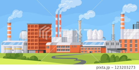 Cartoon industrial complex. Industrial factory zone, manufacturing area power plant building with chimneys smoke stack, air environment chemical pollution neat vector illustration 123203273