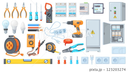 Cartoon electrician tools. Electricity repair work tool, electric power energy service set plug wire cable screwdriver socket electronics meter switcher, neat vector illustration 123203274