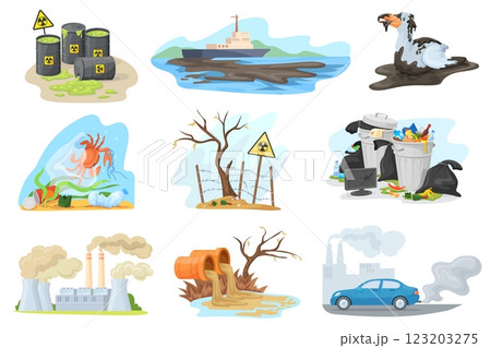 Environment contamination set. Environmental pollution sources, global ecology destruction industrial harmful exhaust pollute air water radioactive garbage neat vector illustration 123203275