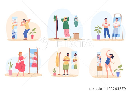 Self evaluate in mirrors. Man woman looking appearance on positive mirror reflection, self-affirmation confidence acceptance esteem proud future body egocentric vector illustration 123203279