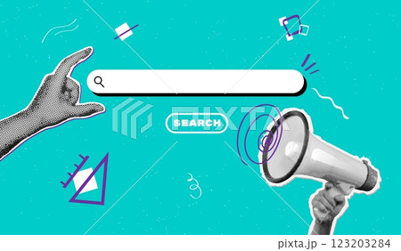 Halftone hiring search. New job free vacancy recruitment advertising banner trendy social media post, hand find recruit employee employment digital agency vector illustration 123203284