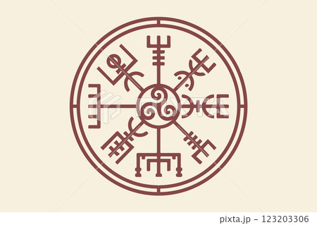 Vegvisir ancient navigation compass and Triskele, hand-drawn Magic Celtic sign. The Vikings used many symbols in accordance to Norse mythology. Esoteric Wiccan Logo icon, vector vintage background 123203306