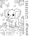 Cute baby elephant coloring page with butterflies and nature background. Perfect for kids and adults, great for relaxation and fun activities. 123203361