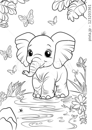 Cute baby elephant coloring page with butterflies and nature background. Perfect for kids and adults, great for relaxation and fun activities. Cute baby elephant coloring page with butterflies and nature background. Perfect for kids and adults, great for relaxation and fun activities. 123203361