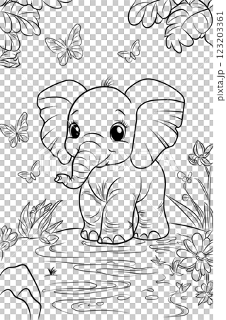 Cute baby elephant coloring page with butterflies and nature background. Perfect for kids and adults, great for relaxation and fun activities. Cute baby elephant coloring page with butterflies and nature background. Perfect for kids and adults, great for relaxation and fun activities. 123203361