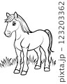 Adorable horse coloring page featuring a cute pony in a grassy field. Great for kids and adults, perfect for relaxation, fun activities, and farm animal lovers. 123203362