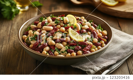 A vibrant Mediterranean bean salad with chickpeas, kidney beans, sun-dried tomatoes, and olives, served in a rustic ceramic bowl with olive oil and lemon. 123203416