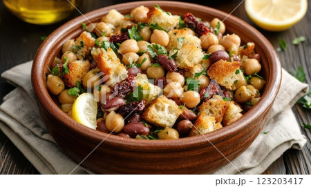 A vibrant Mediterranean bean salad with chickpeas, kidney beans, sun-dried tomatoes, and olives, served in a rustic ceramic bowl with olive oil and lemon. 123203417