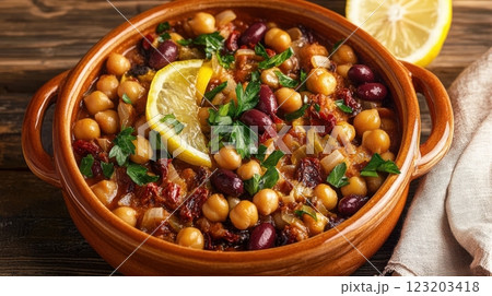 A vibrant Mediterranean bean salad with chickpeas, kidney beans, sun-dried tomatoes, and olives, served in a rustic ceramic bowl with olive oil and lemon. 123203418