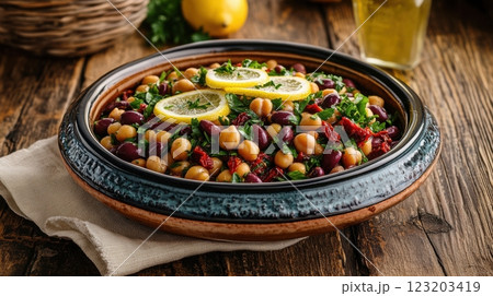 A vibrant Mediterranean bean salad with chickpeas, kidney beans, sun-dried tomatoes, and olives, served in a rustic ceramic bowl with olive oil and lemon. 123203419