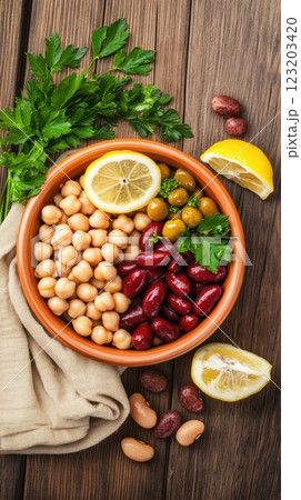 A vibrant Mediterranean bean salad with chickpeas, kidney beans, sun-dried tomatoes, and olives, served in a rustic ceramic bowl with olive oil and lemon. 123203420