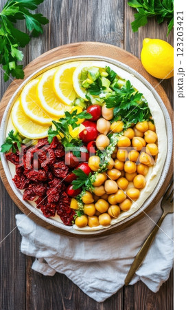 A vibrant Mediterranean bean salad with chickpeas, kidney beans, sun-dried tomatoes, and olives, served in a rustic ceramic bowl with olive oil and lemon. 123203421