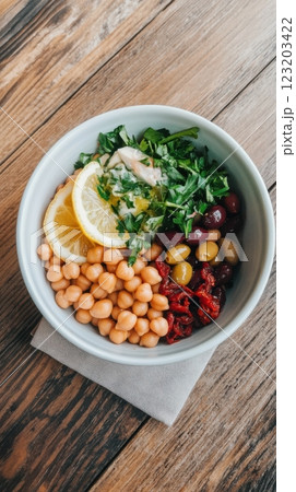 A vibrant Mediterranean bean salad with chickpeas, kidney beans, sun-dried tomatoes, and olives, served in a rustic ceramic bowl with olive oil and lemon. 123203422