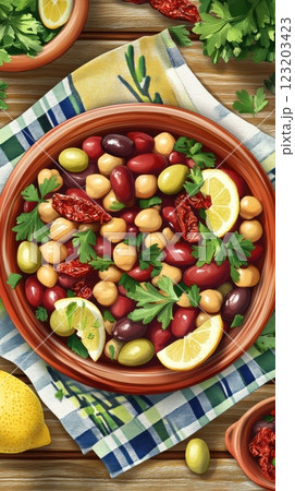 A vibrant Mediterranean bean salad with chickpeas, kidney beans, sun-dried tomatoes, and olives, served in a rustic ceramic bowl with olive oil and lemon. 123203423