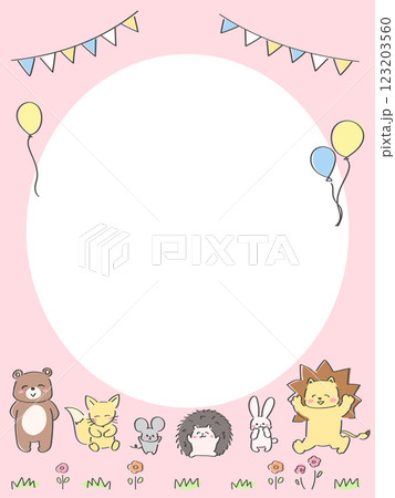 かわいい手描きの動物フレーム 縦型 ピンク かわいい手描きの動物フレーム 縦型 ピンク 123203560