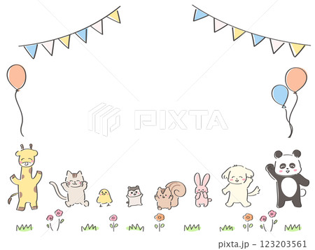 かわいい手描きの動物の誕生日フレーム 横型 かわいい手描きの動物の誕生日フレーム 横型 123203561